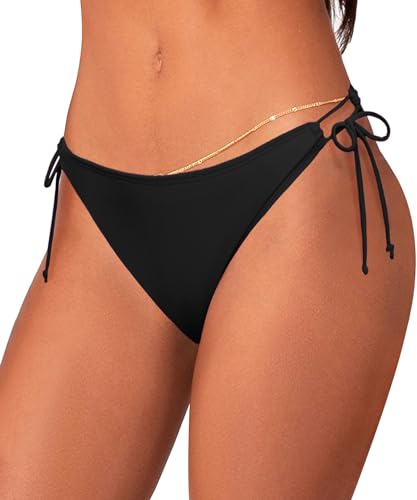 Coloquin Women's Bikini Bottoms Swim Briefs Side Tie Low Waist Swimsuit Swim Bottom Black M