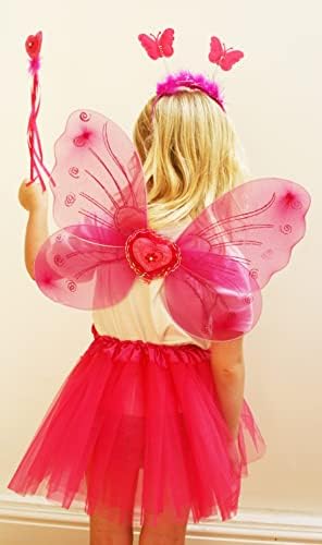 Fun Play Fairy Costume Fancy dress up for girls Butterfly Wings, Tutu, Magic Wand and Headband set- butterfly costumes angel wings for 3-8 year years girls Hot Pink Colour