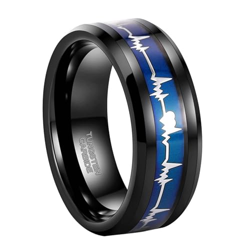 Bague en tungstène gravée ECG et bords biseautés, un anneau masculin noir de haute résistance