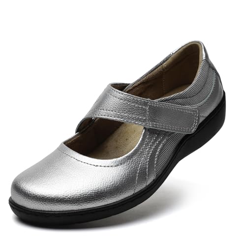 Oviaric Women's Classic Comfort Silver Mary Jane Flats Fashion Casual Dress Shoes Cute Closed Toe Slip On Lightweight Breathable Walking Shoes 7.5 M US 1904-YIN075 by Oviaric - Used condition - US$40.30