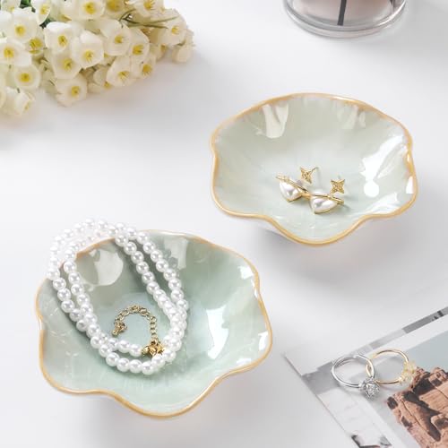 Image of JAMEND CLXP 2PCS Lotus Leaf Shape Ring Holder Dish, Small Key Bowl, Ceramic Trinket Tray Jewelry Dish Organizing Necklace Earrings for Mom Friend Sister, All Jewelries Are NOT Included, Light Green.