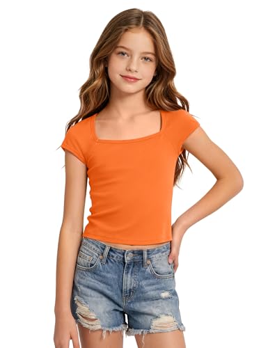 Image of Crop Tops for Girls Short Sleeve Shirt Girls Summer Tops Square Neck Slim Fit Tops Basic Tee
