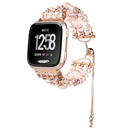 Juzzhou Smart Watch Bands For Fitbit Versa For Woman Lady Girls Handmade Faux Pearls Jewels Crystal Agate Replacement Elastic Stretch Wrist Strap Wristband Watchband Wriststrap Bracelet Band (Gold)