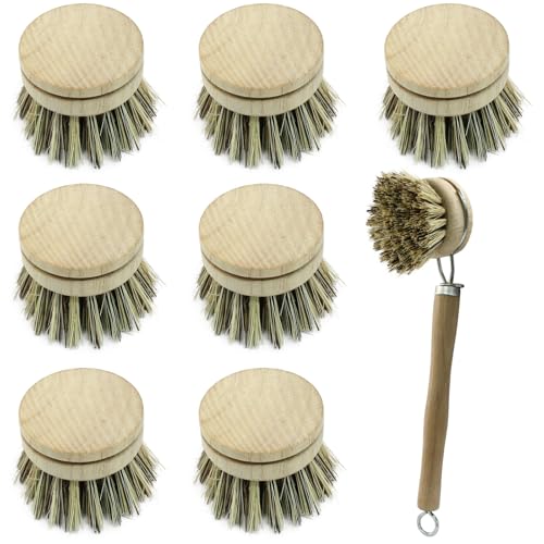 Image of 8Pcs Wooden Dish Brush Set, Coconut Brown | 8Pcs Bamboo Scrub Brush Replacement Heads, 1 Handle, For Kitchen Pots and Pans Cleaning Supplies