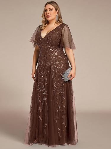 Image of Ever-Pretty Women's Sequin V Neck Plus Size Formal Dresses Evening Gown | Short Sleeve, A-Line, Empire Waist, Plus Size Mother of the Bride Dresses, Plus Size Gala Dress
