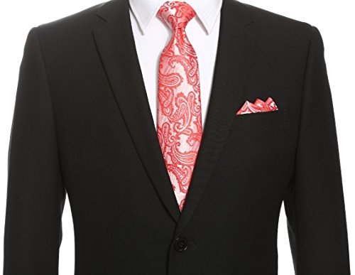 Kissties Mens Tie Set: Coral Red Paisley Necktie + Pocket Square #TOP2