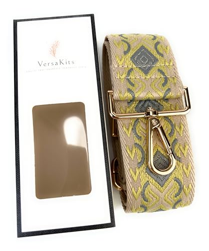Image of Beige Yellow Gray Boho Diamond Purse Strap with Light Gold Hardware 2 Inch Wide Replacement Crossbody Guitar Style Shoulder Strap for Handbags Totes