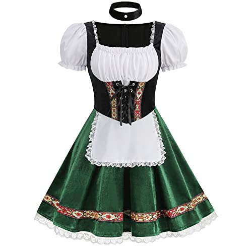 maxToonrain Oktoberfest Outfit Women Green,Women's German Beer Bavarnian Traditional Short Sleeve Velvet Halloween Costume Fancy Maid Dress for Womens(Green L)