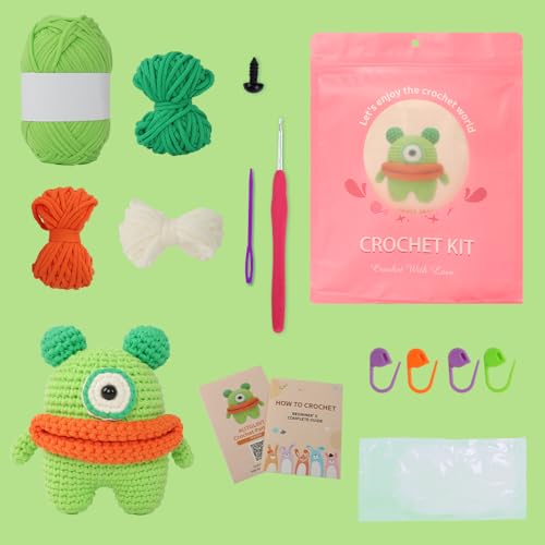 Image of Autglint Monster Crochet Kit for Complete Beginners, Amigurumi Animal Starter Kit with Detailed Video Tutorials, Learn to Crochet Kit with Non-Split Pre-Started Yarn - Green Monster
