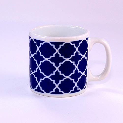 Conjunto 4 Xicaras Estampa Marroquina Branco e Azul 120ml com suporte em Madeira