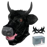 AFSN Furry Mask Bull Head Ox Horn Mouth Moving Cow-Realistic Face Fursuit Scary Animal Costume for Halloween Cosplay Party (Black Horn)