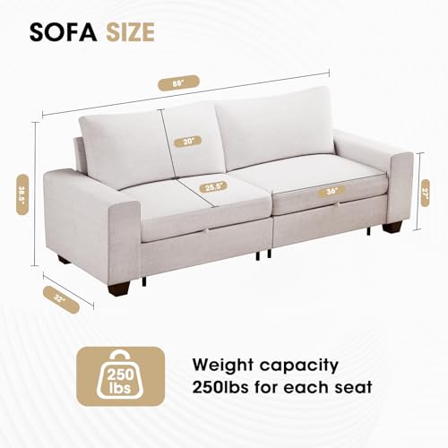 Image of Couchus 88 inch Upholstered Sofa Couch with Seats Storage, Chenille Fabric Sofa for Living Room, Office, Apart W /Deep Seat, Wide Arms, Side Pockets,Removable Cover (Beige)