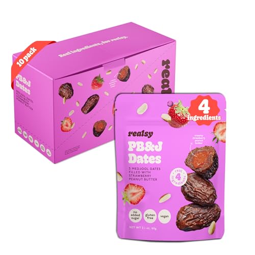 Realsy Peanut Butter and Jelly Stuffed Medjool Dates, Organic Dates with No Sugar Added, Good Source of Fiber, Low Glycemic Index Gluten-Free, Vegan, All Natural Healthy Snack (10 Pack)