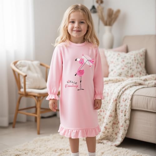 Tkria Girls Nightgowns Toddler Nightdress Soft Cotton Sleepwear 2-10 Years Kids Long Sleeve Nightie Pajamas Ruffle Pink Dress2