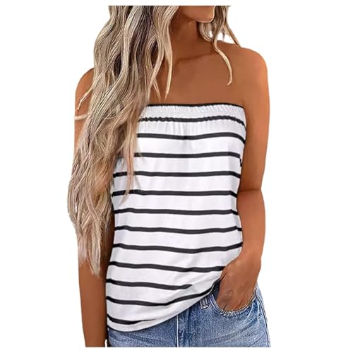 Generisch Top Mujer Sexy Camiseta sin Tirantes Bandeau sin Tirantes con Patrón de Rayas sin Mangas para Vacaciones Suelta Camisa Camisa de Tirantes para Mujer Adolescente Tops Verano, Blanco, XXL
