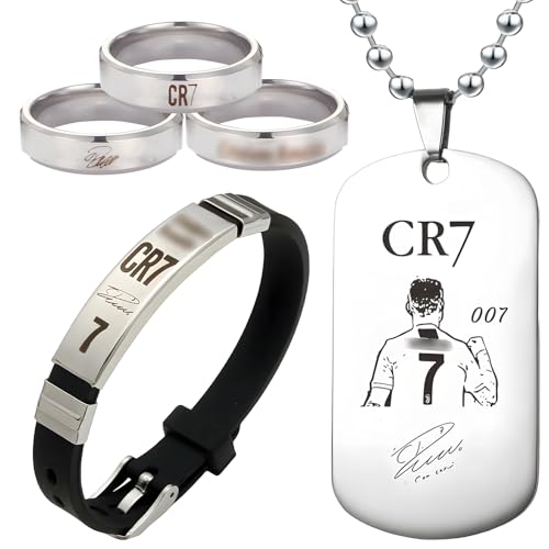 BbiuRer - BbiuRer Fußball Accessoire Set, Armband, Halskette und 3-in-1-Ring, Sportliches Schmuckset für Fußballfans, Sportschmucksatz für Jungen und Mädchen （Silber）