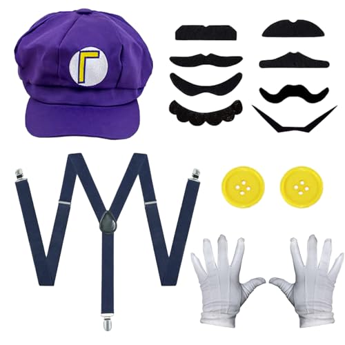 OMJMYY Disfraz Mario Bros Adulto Accesorios para Disfraz de Super Bros con Gorras Tirantes Guantes Botones Bigotes para Mujer Hombre Niños Fiestas de Carnaval Cosplay y Halloween