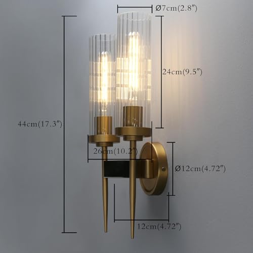 Image of PERMO wall sconces 2 Lights Glod Wall Light Fixtures with 2.8 inch Cylindrical Clear Glass Shade Brass Double sconces for Living Room Bathroom Corridor Mirror Bedroom