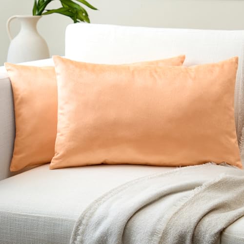 Image of Encasa XO Velvet Throw Pillow Covers 12x20 in (30x50 cm) - Peach - No Inserts, Pack of 2 Cases | Solid Plain Dyed Soft & Smooth, Square Decorative Cushion Covers for Living & Bedroom