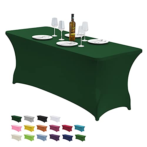 Image of CWK 8FT Waterproof Stretch Spandex Table Cover for Rectangular Tables - Elastic Fitted Tablecloth for Folding Tables,Wrinkle Resistant Table Cloth for Parties,Weddings,Banquets&Events(Blackish Green)