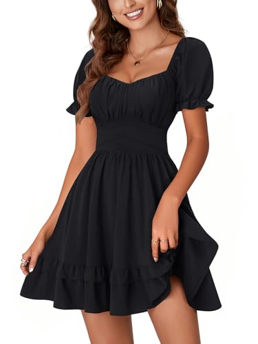 LYANER Women's Scoop Neck Ruched A Line Puff Sleeve Ruffle Layered Shirred Back Mini Dress3