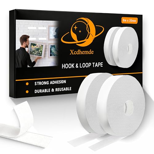 Xcdhemde Taśma Rzepowa Biała 8M x 20mm, Rzepy Samoprzylepne Mocne, Taśma na Rzep, Rzep Dwustronny Samoprzylepny, Hook and Loop do Dywanów, Ramka na Zdjęcia, Przedłużacz z Gniazdkami