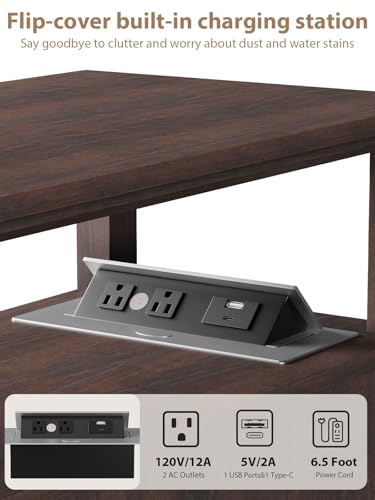 HIFYOBRO Narrow End Table with Charging Station, Flip Top Design, Type-C & USB Ports & Outlets, Adjustable Shelf for Storage in Living Room, Bedroom, Home Office