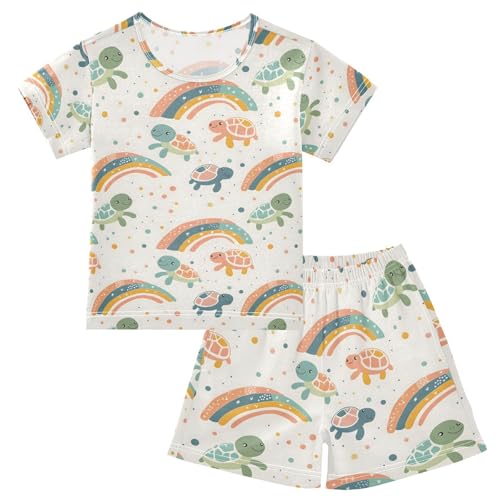 ALAZA Turtle Rainbow Watercolor Pajamas Short Sleeve 2 Piece Sleepwear Top and Bottom Pajama Set Unisex