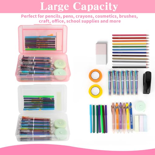 Image of Pencil Case Box, 2 PCS Clear Light Pink Double Layer Large Capacity Plastic Pencil Boxs, Clear Hard Pen Case with Snap-tight Lid,Storage Art Craft Box Marker Organizer for Girl Offices School Supplies