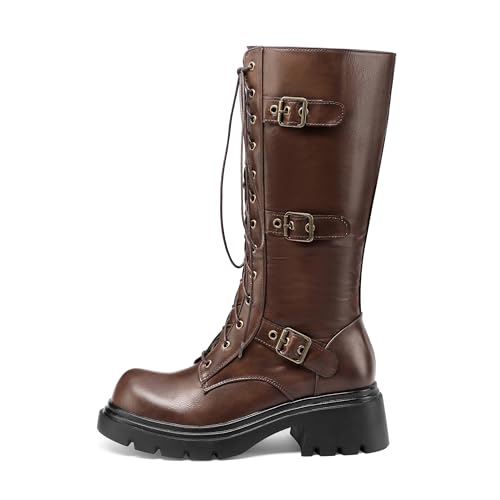 BEAUPAS Women's Combat Boots Knee High Platform Boots with Buckles Lace-Up Gothic Chunky3