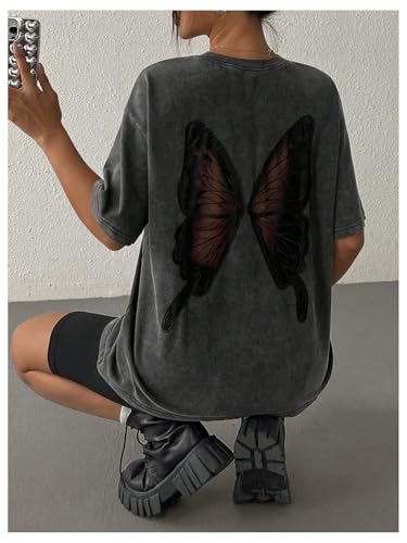 Women's Butterfly Graphic Oversized Tee Shirt Vintage Cut Out Half Sleeve Crew Neck T-Shirt Going Out Tops4