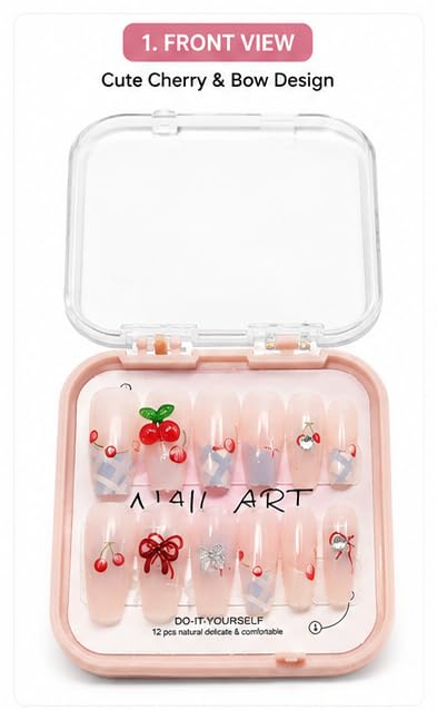 Bow Press on Nails, Nude Pink, Glossy Finish, Reusable, 12 Pcs-image-31