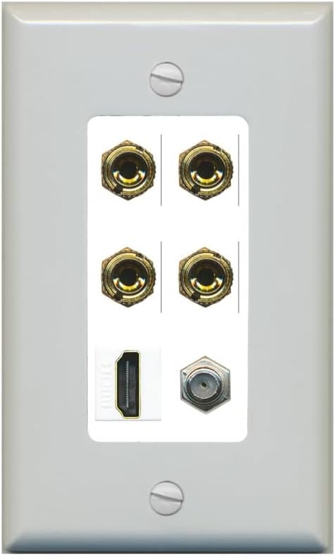 RiteAV 4 Port Banana 2 Speaker Binding Post HDMI Coax Wall Plate - 1 Gang Decorative [Stainless/White]