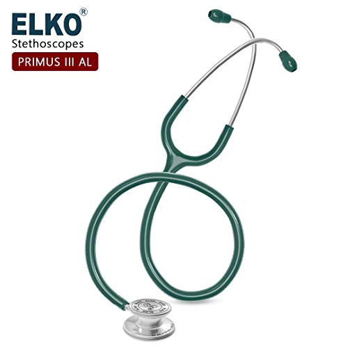 Image of ELKO EL-160 Primus III AL Aluminum Head Stethoscope For Doctors and Medical Students | Double Sided Chest Piece For Adult & Pediatric Patients | U-Shaped PVC Tubing | Soft Sealing Ear Knobs (Green)