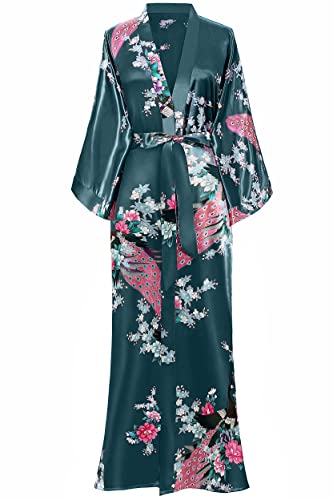 Image of BABEYOND Women's Kimono Robe Long Satin Robes with Peacock and Blossoms Printed Kimono Nightgown