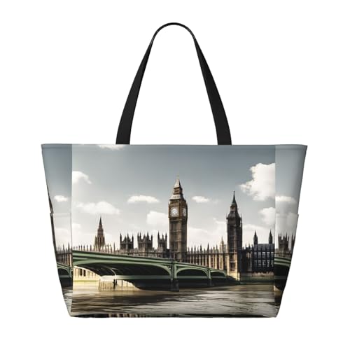 (London) Large Beach Tote Bag For Women With Zipper Foldable Lightweight Travel Pool Bag For Vacation Shopping2