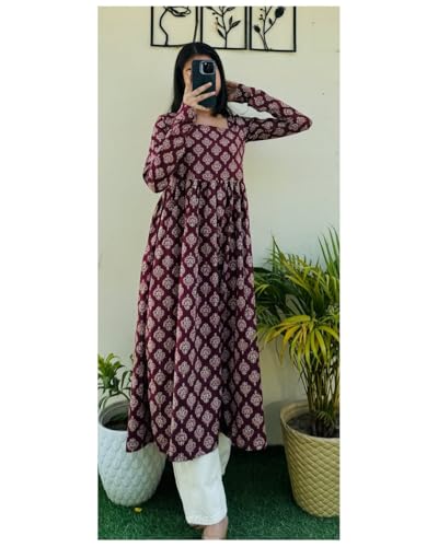 Image of Dhanna Fashion Women's Cotton Floral Print Kurta,Long Sleeve, A-Line Style