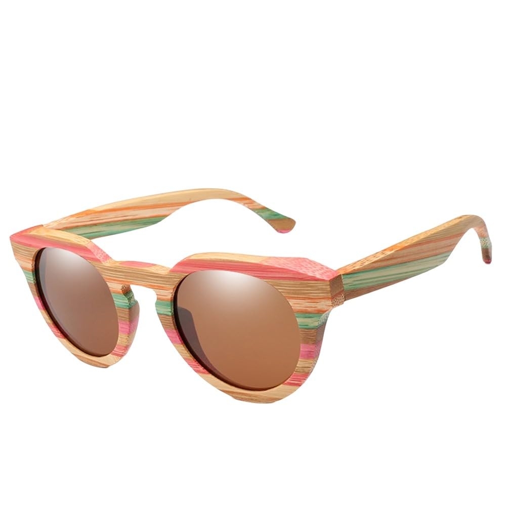 Gafas de sol redondas de madera y bambú con lentes polarizadas iridiscentes y protección UV400