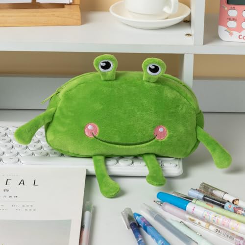 Image of HSYHERE Cute Novelty Funny Big Eyes Big Mouth Happy Smiling Green Frog Soft Stuffed Surface Fluffy Clothes Zipper Pencil Box Pencil Case Pencil Storage Holder Pouch Pen Bag -Laughing