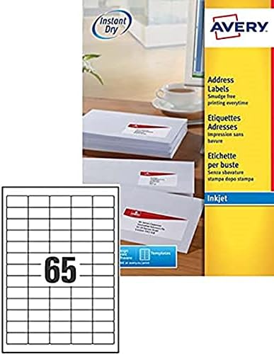 Avery Self Adhesive Mini Organising Return Address Labels, Inkjet Printers, (38.1 x 21.2 mm Labels, 65 Labels Per A4 Sheet, 25 Sheets), 1625 labels, QuickDRY (J8651), White