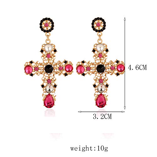 Rhinestone Large Cross Earrings,Red Crystal Big Cross Dangle Drop Earrings Bohemia Baroque Earrings,Hollow Pattern Retro Palace Cross Earrings #TOP2