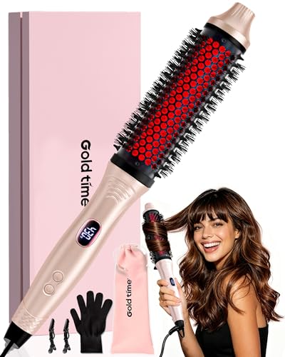 Infrared Thermal Brush 1.6 Inch Ionic Heated Thermal Round Brush Hair Straightener & Curler Styler for Travel, 6 Heat Settings, LED Display, Dual Voltage, Pink