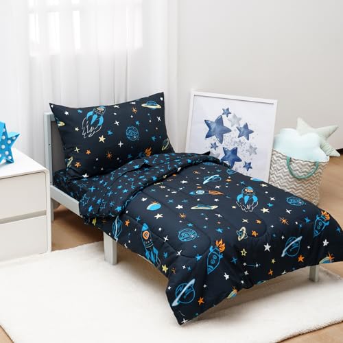 Image of david's kids 4 Piece Toddler Bedding Set - Soft Breathable Toddler Bedding Set for Boys Girls, Includes Quilted Comforter, Flat Sheet, Fitted Sheet and Pillowcase, Space