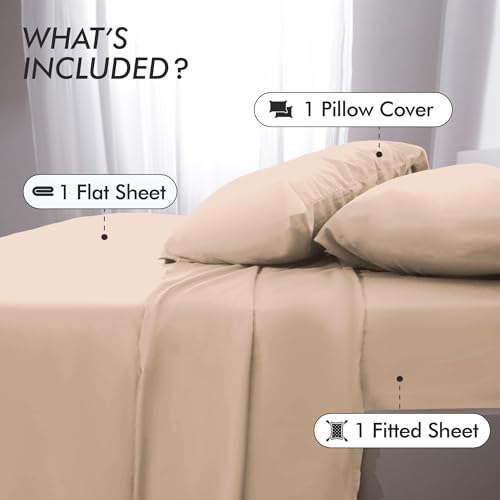 Parure de lit complète avec drap plat drap-housse taie oreiller beige simple - 3