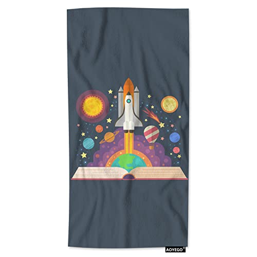 AOYEGO Space Beach Towels Open Book with Solar System Space Sun Rocket Planets Earth Comet Stars Microfiber Soft Towels for Bath Hair Hand Towel for Women/Men/Girls/Boys 15x30 Inch