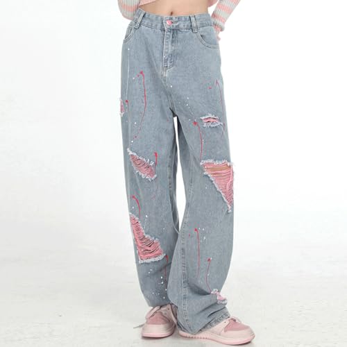 Harajuku Y2K Kawaii Goth Fashion Casual Loose Wide Leg Vintage Pink Ripped Distressed Jeans Pants for Women4