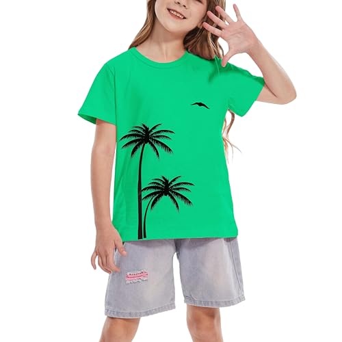 Image of Girls Hawaiian Print Beach T-Shirt Crew Neck Tops Summer Casual Short Sleeve Vacation Tees for Kids Teen 1-14 Years