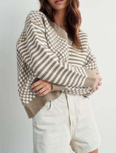 Image of UNCLECAT Womens Striped Checkered Sweater V Neck Fall Trendy Pullover Tops