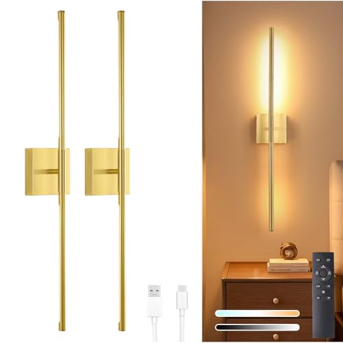 Image of Shenmoyl Battery Operated Wall Sconce Set of 2, 10400mAh Rechargeable Wall Sconces, 3000K-6000K Dimmable, 350Rotate, Indoor Wall Lights for Bedroom Living Room Bathroom, Gold, 31.5 Inch