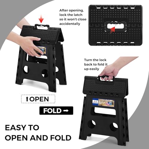Image of ACKO Folding Step Stool 13 inch Height Premium Heavy Duty Foldable Step Stools for Adults and Kids, Kitchen Plastic Small Collapsible Stepping Stool Hold Up to 300 LB Dot Black (1 Pack)